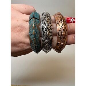 Southwestern Stretch Bangle Bracelet Set 3PC Silver Copper Turquoise Patina